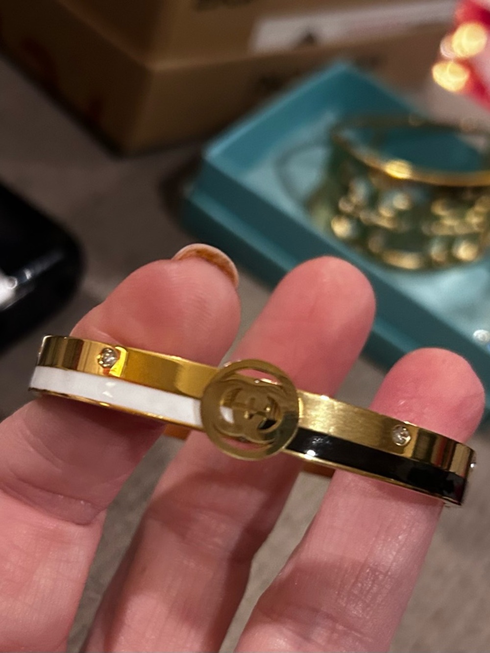 Fashion Jewelry Gold Two-Tone Enamel Logo Cuff - White & Black, stainless, new